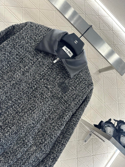 25fw Collar jacket with patchwork leather