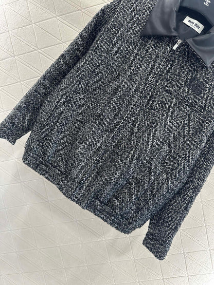 25fw Collar jacket with patchwork leather