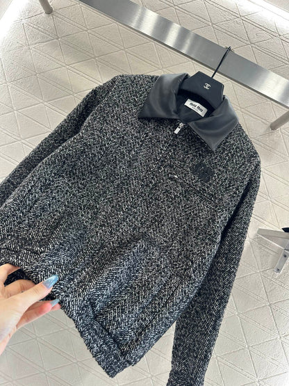 25fw Collar jacket with patchwork leather