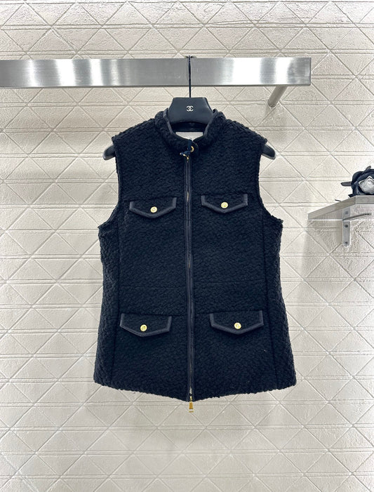 25fw Woolen patchwork zipper down vest