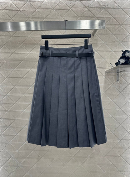 25fw Mid length pleated skirt with waist belt