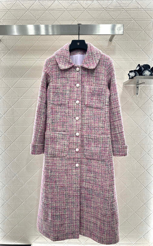 25fw Plaid tweed lapel dress coat