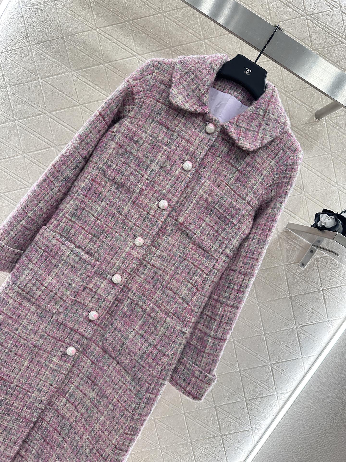 25fw Plaid tweed lapel dress coat
