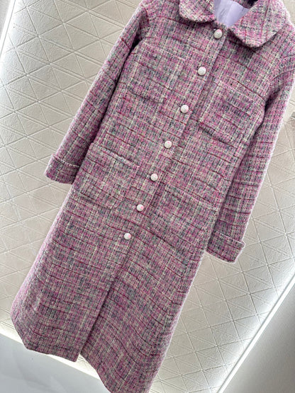 25fw Plaid tweed lapel dress coat