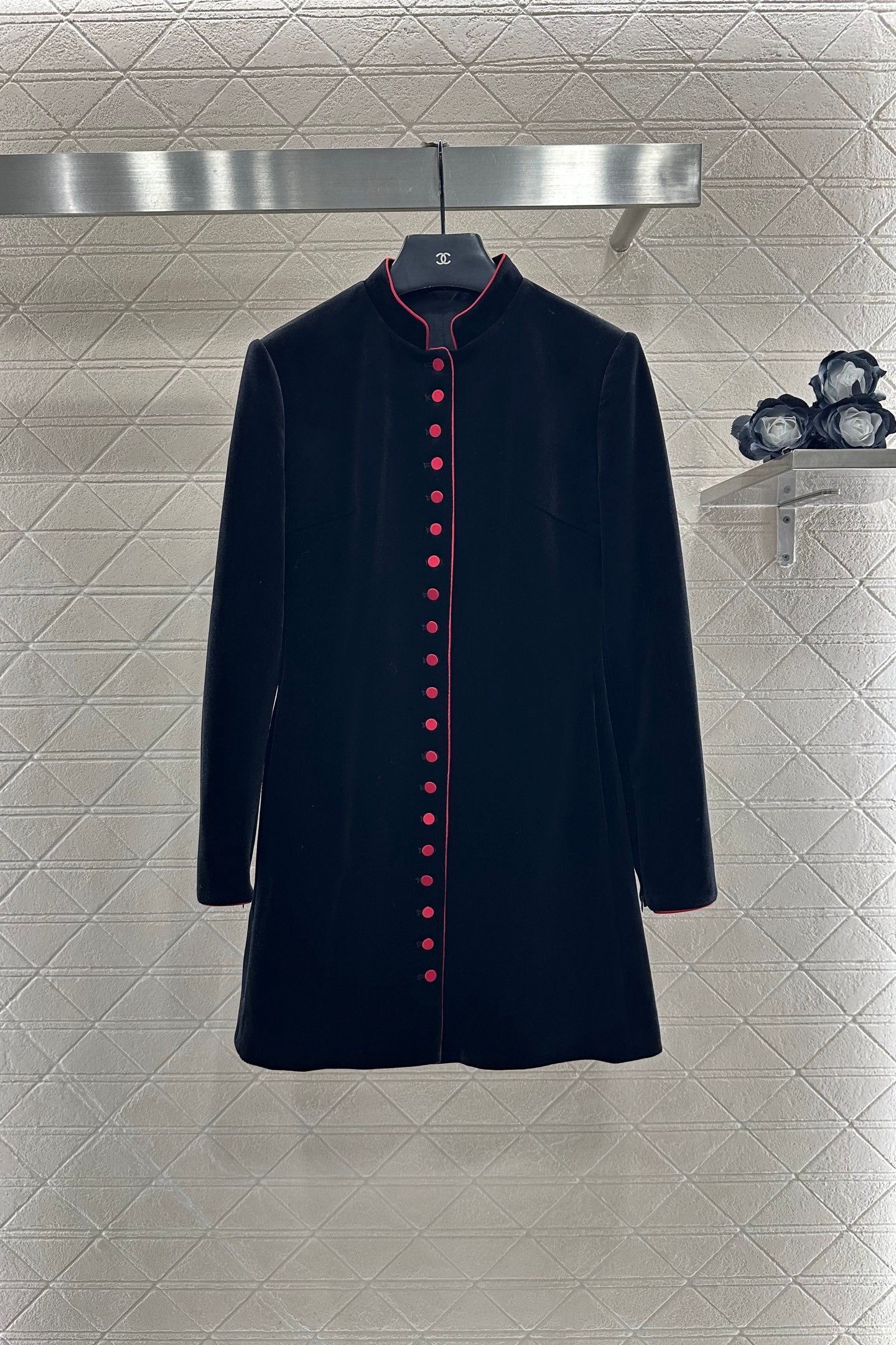 Standing collar velvet medium length coat