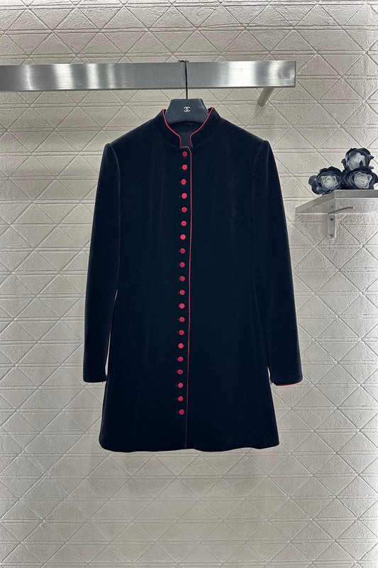 Standing collar velvet medium length coat