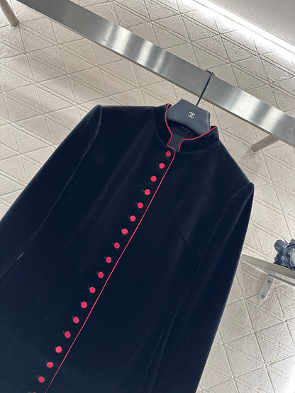 Standing collar velvet medium length coat