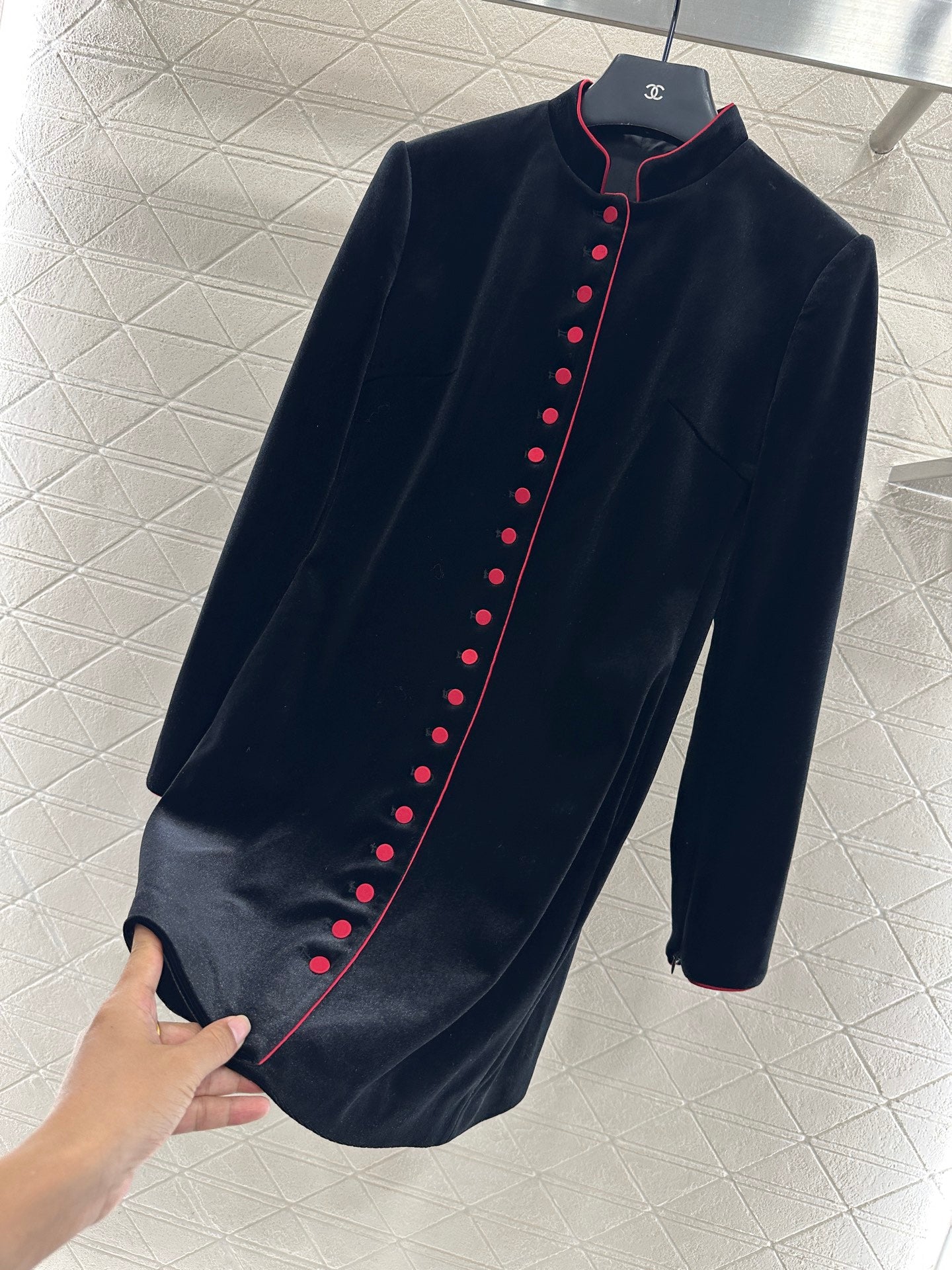 Standing collar velvet medium length coat