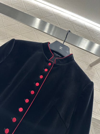 Standing collar velvet medium length coat