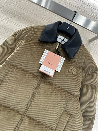 Leather collar corduroy down jacket