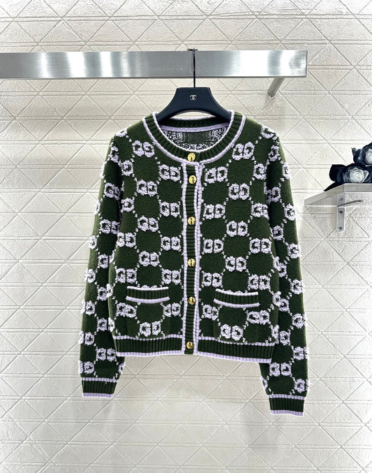 Round neck jacquard knitted cardigan