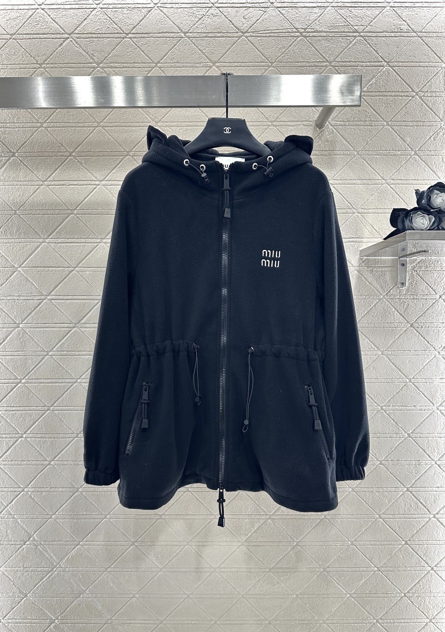Teddy plush hooded mid length jacket