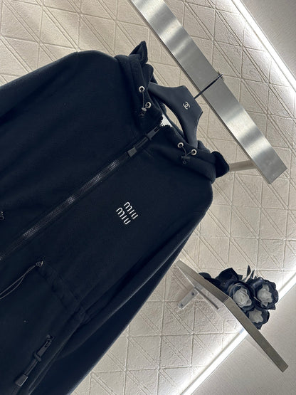 Teddy plush hooded mid length jacket