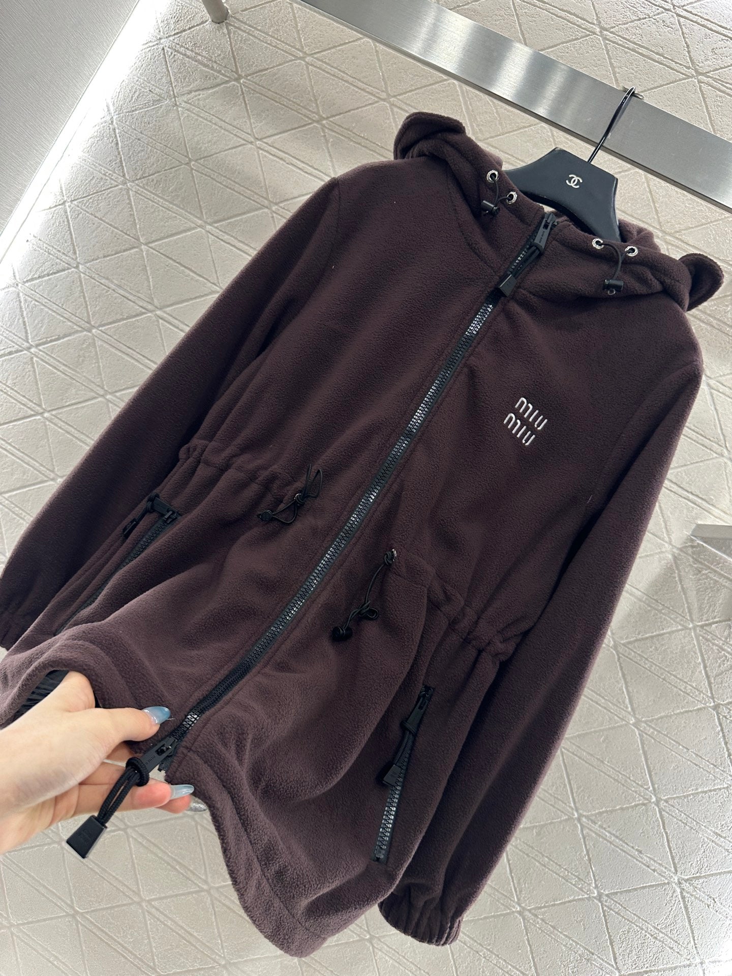 Teddy plush hooded mid length jacket