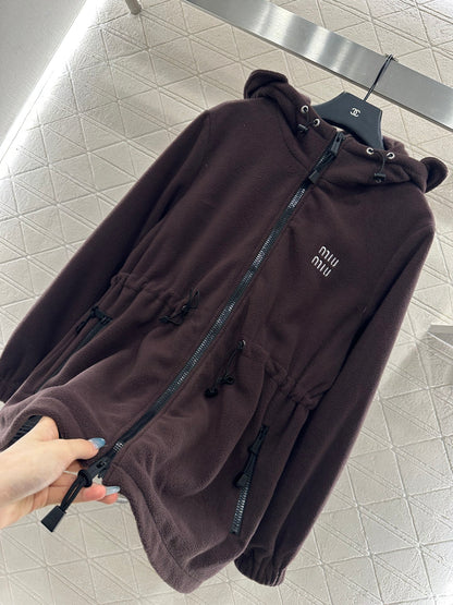 Teddy plush hooded mid length jacket