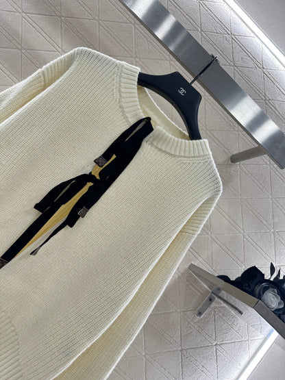 Round neck bow tie plain knit cardigan