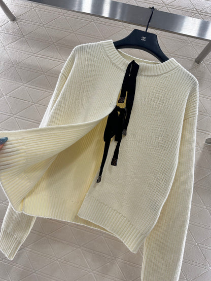 Round neck bow tie plain knit cardigan