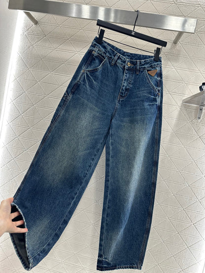 Spliced leather curved knife denim pants