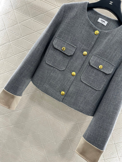 Round neck patchwork sleeve jacket half skirt set