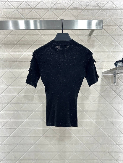 Camellia bead round neck short sleeved shirt