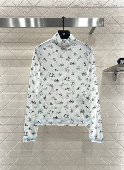 Round neck design ski print top