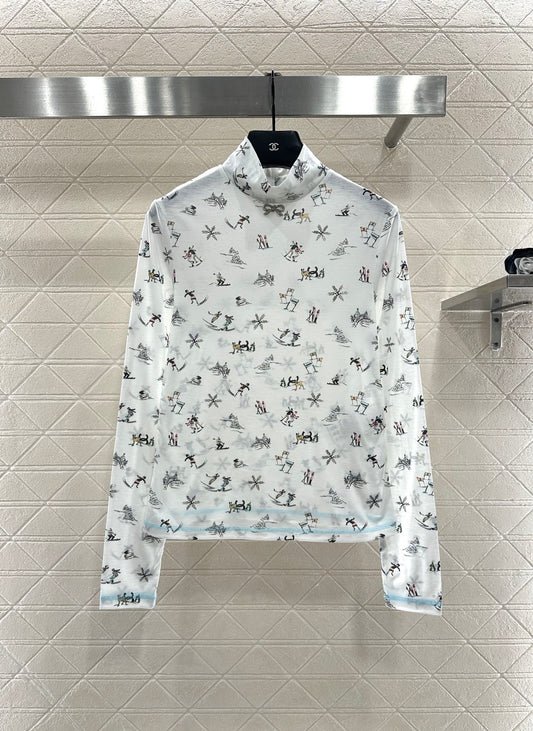 Round neck design ski print top