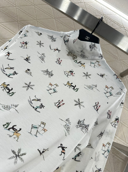 Round neck design ski print top