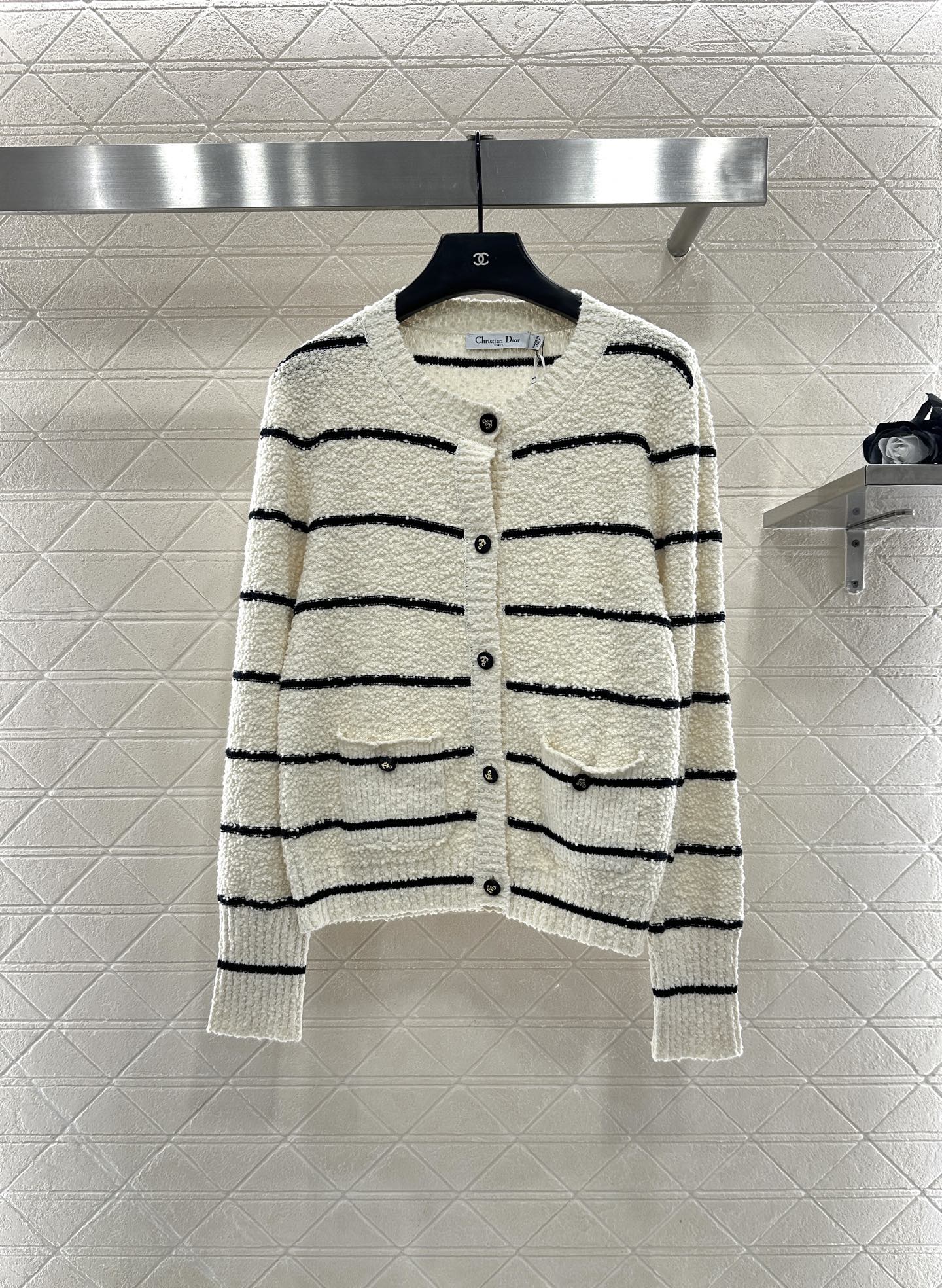 Round neck knitted striped cardigan
