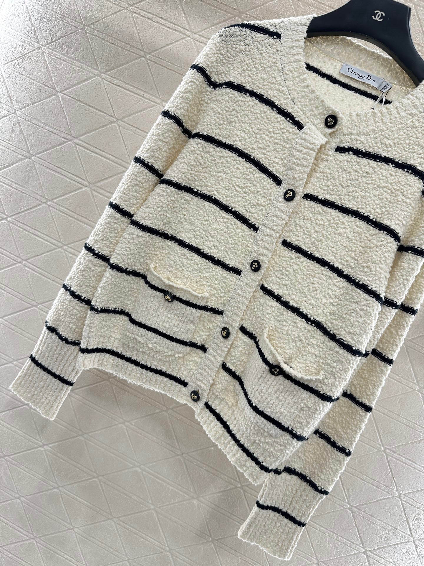 Round neck knitted striped cardigan