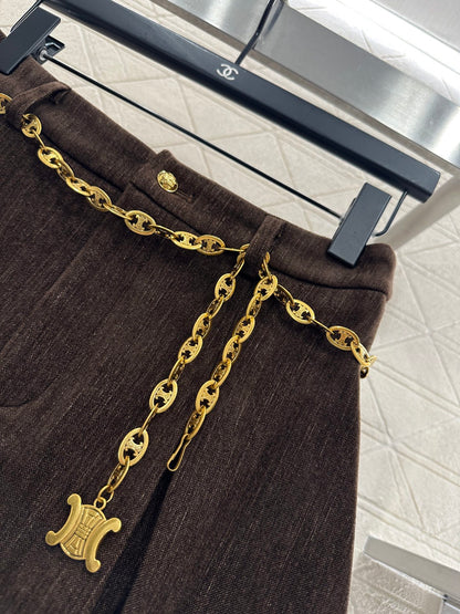 Collar suit waist chain pleated short skirt set