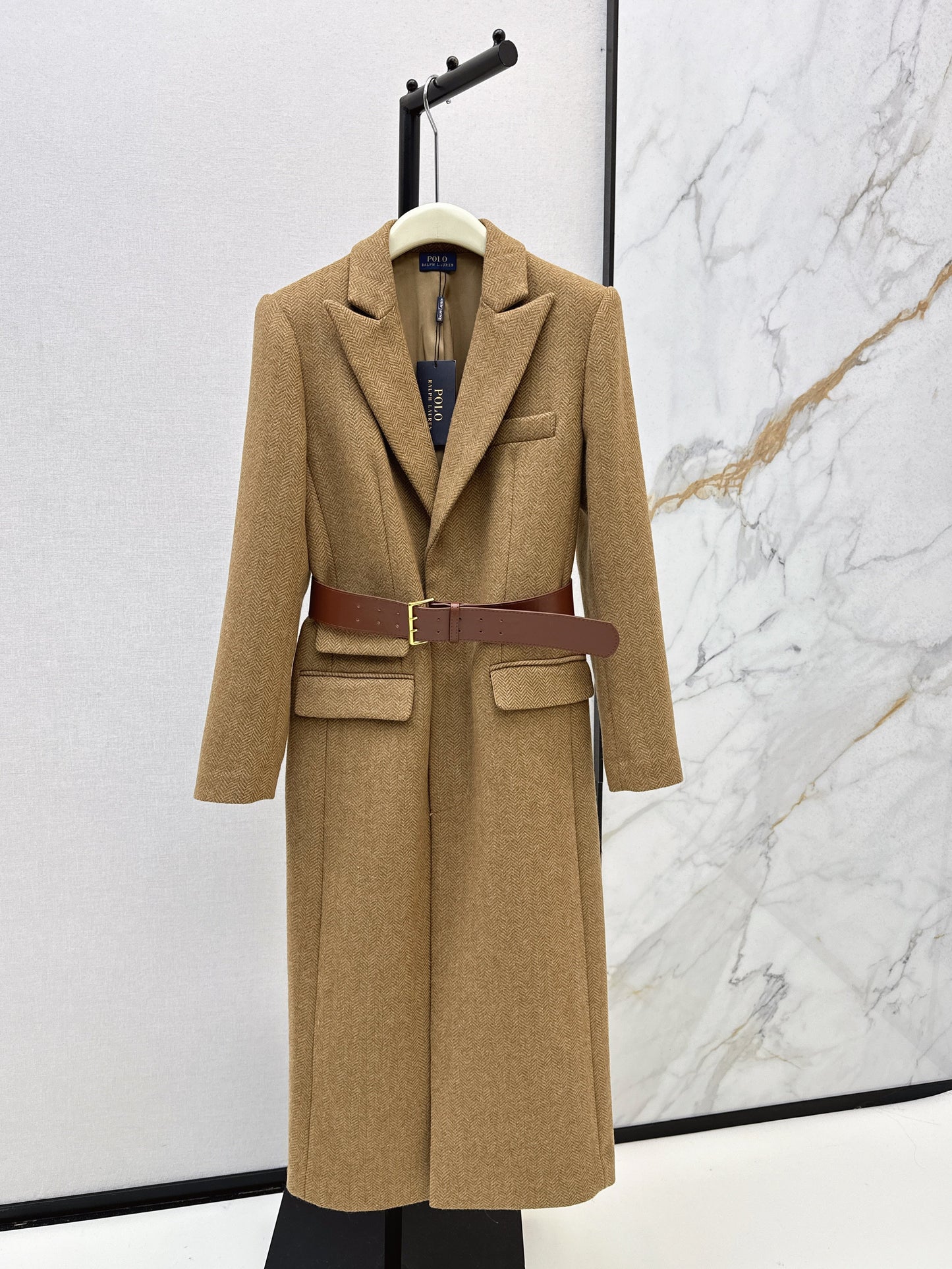 Wool herringbone patterned long coat