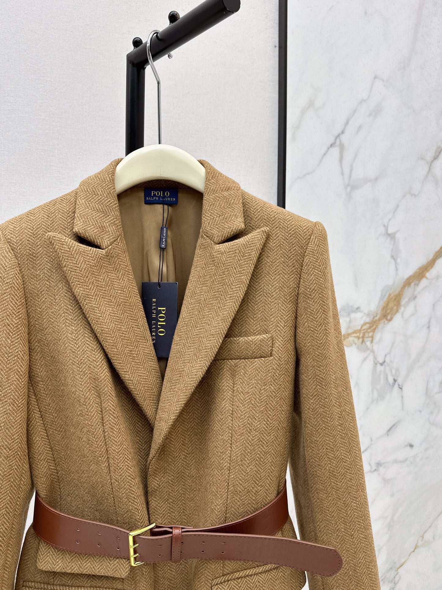 Wool herringbone patterned long coat