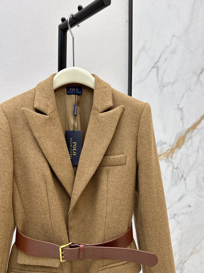 Wool herringbone patterned long coat