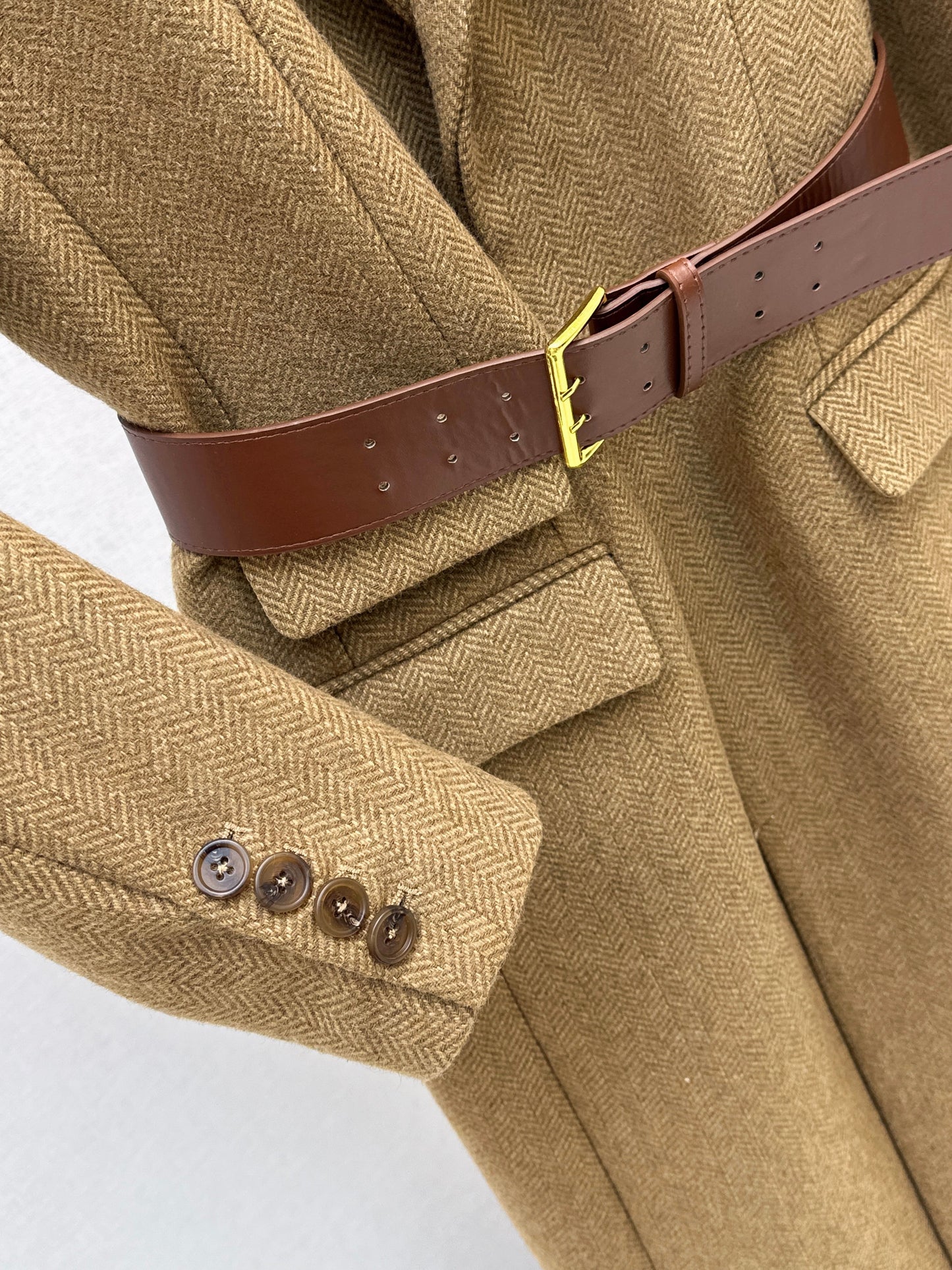 Wool herringbone patterned long coat