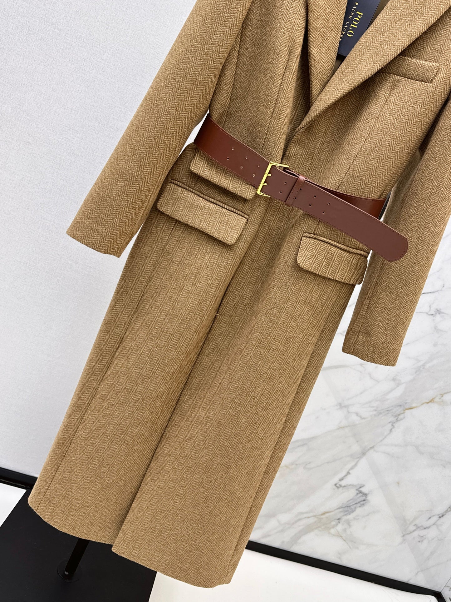 Wool herringbone patterned long coat