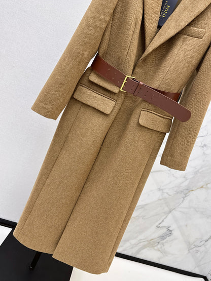 Wool herringbone patterned long coat