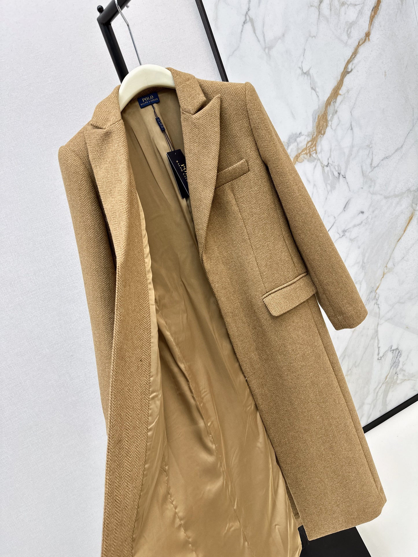 Wool herringbone patterned long coat