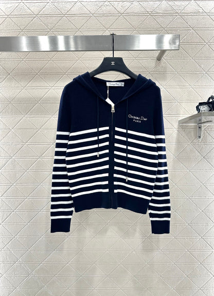 Striped knitted hooded jacket