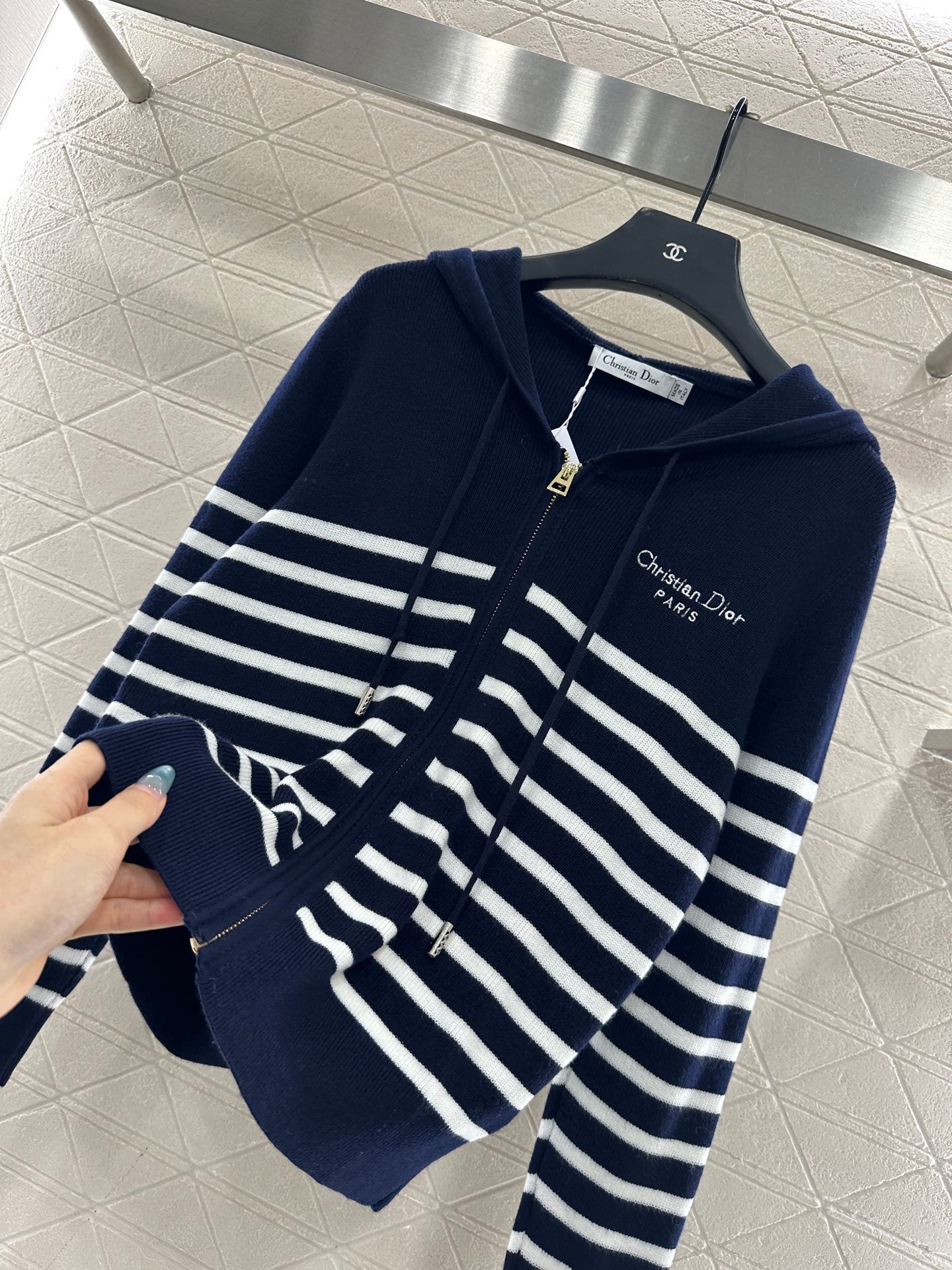 Striped knitted hooded jacket