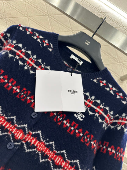 Round neck knitted snowflake striped cardigan