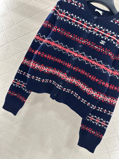 Round neck knitted snowflake striped cardigan