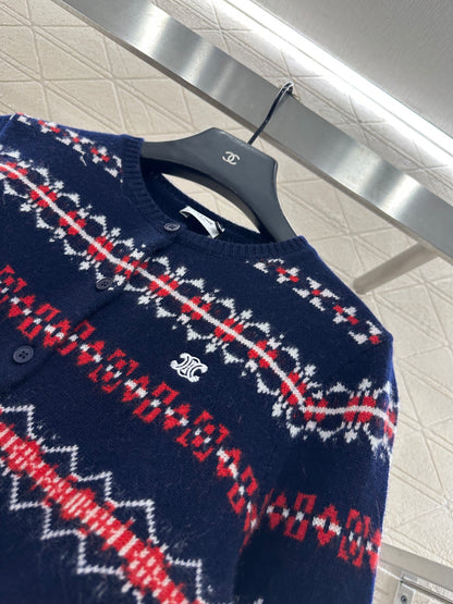 Round neck knitted snowflake striped cardigan