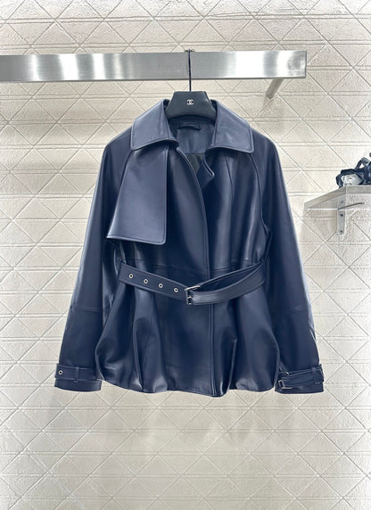 Belt shawl leather jacket