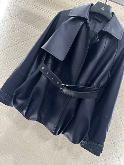 Belt shawl leather jacket