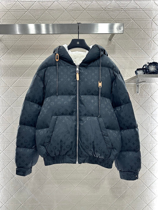 Jacquard hooded plush down jacket