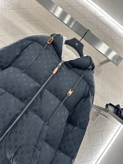 Jacquard hooded plush down jacket