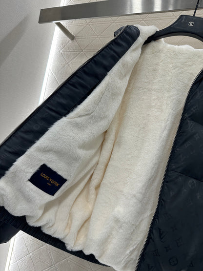 Jacquard hooded plush down jacket