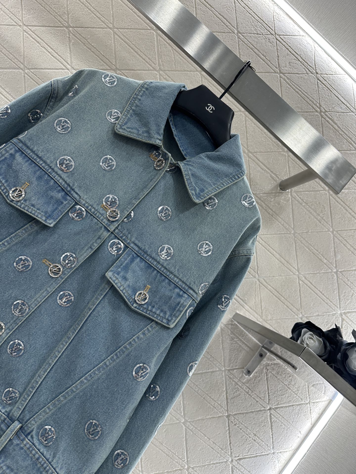 Embroidered sequined denim jacket