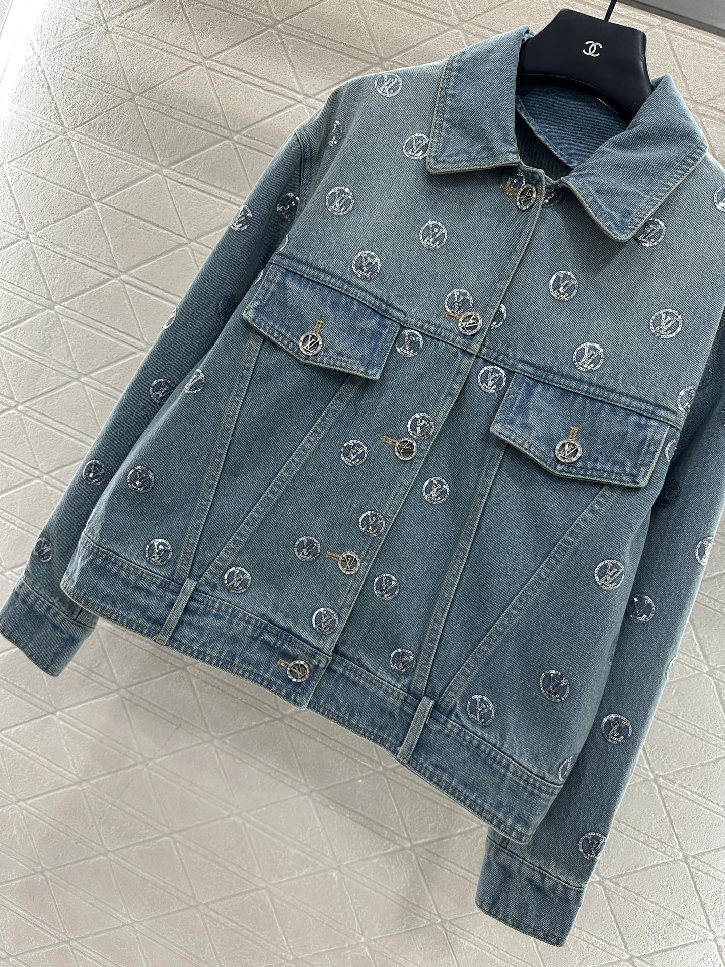 Embroidered sequined denim jacket