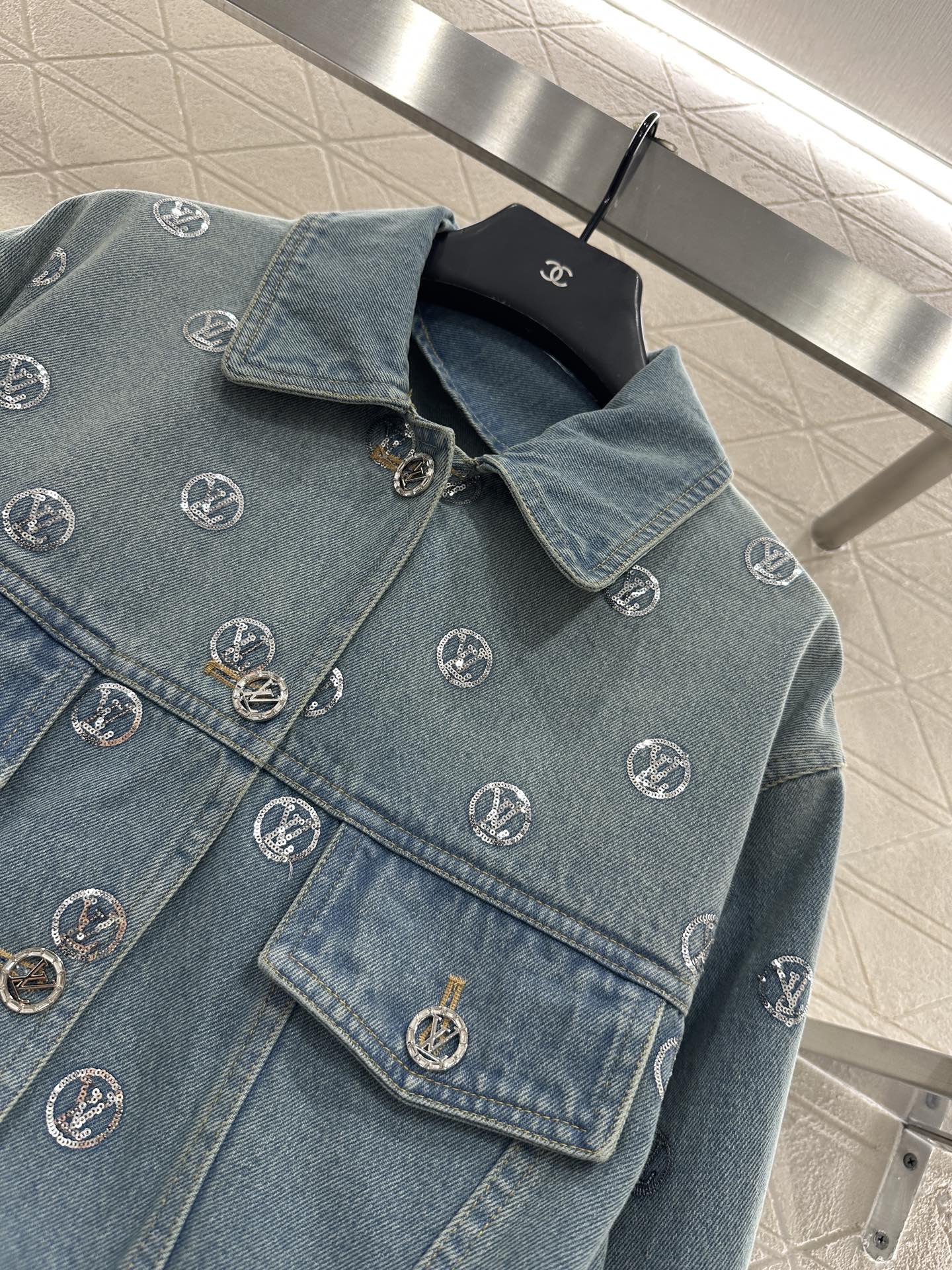 Embroidered sequined denim jacket